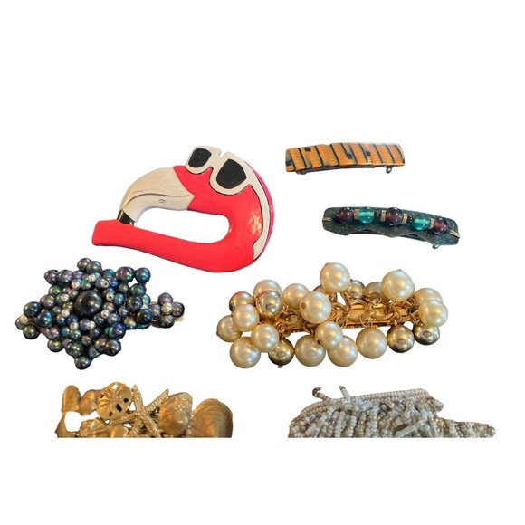 Lot of 10 Vintage Barrettes Flamingo Sunflower Beads Pearl 1980's - Picture 2 of 3